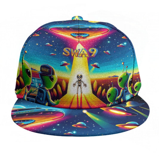 Limited-Edition "SWA9 Alien Encounter" Snapback Baseball Cap featuring vibrant interstellar designs, flying saucers, and a bold SWA9 logo, showcasing superior craftsmanship and exclusive style.