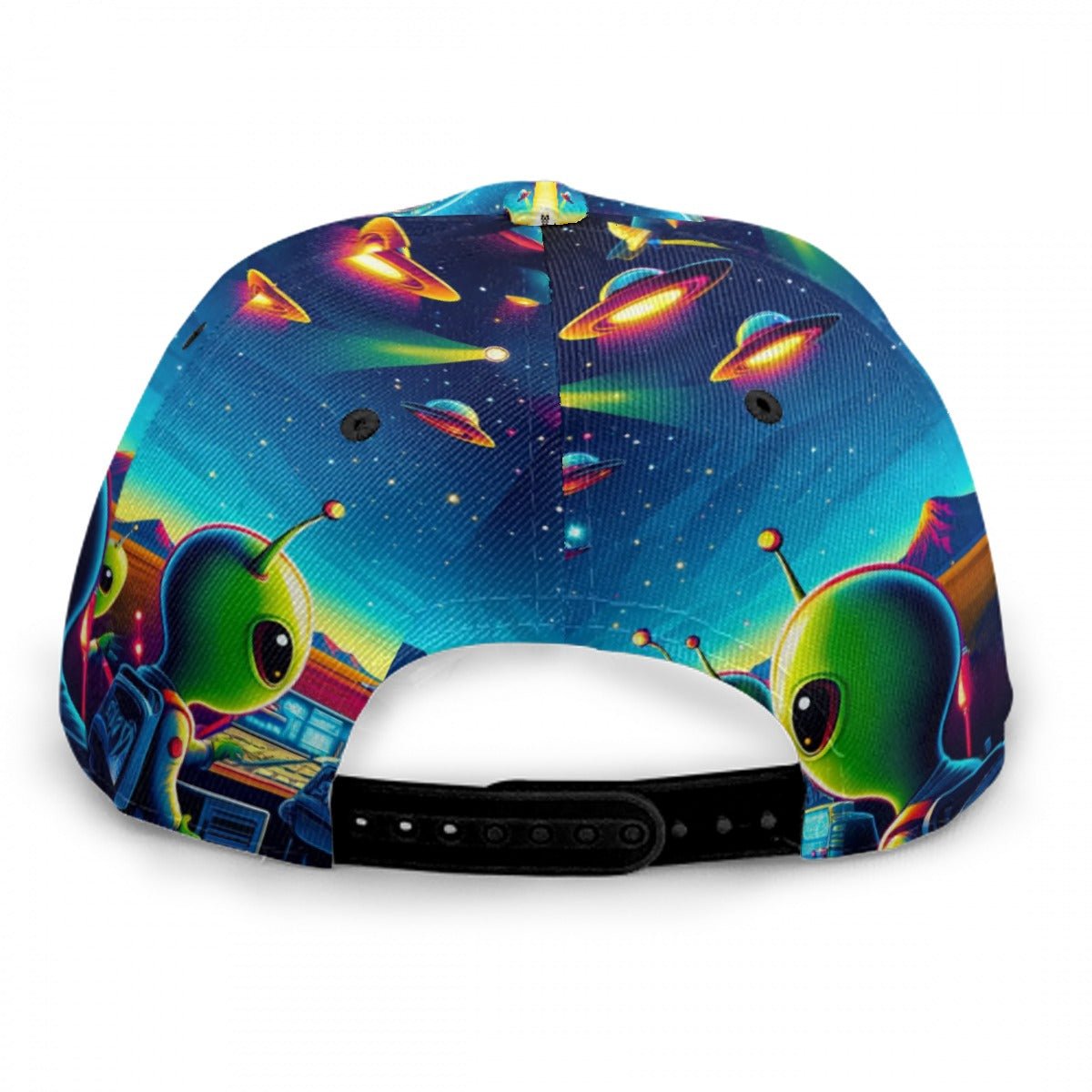 Limited-Edition "SWA9 Alien Encounter" Snapback Baseball Cap featuring vibrant interstellar designs, flying saucers, and a bold SWA9 logo, showcasing superior craftsmanship and exclusive style.