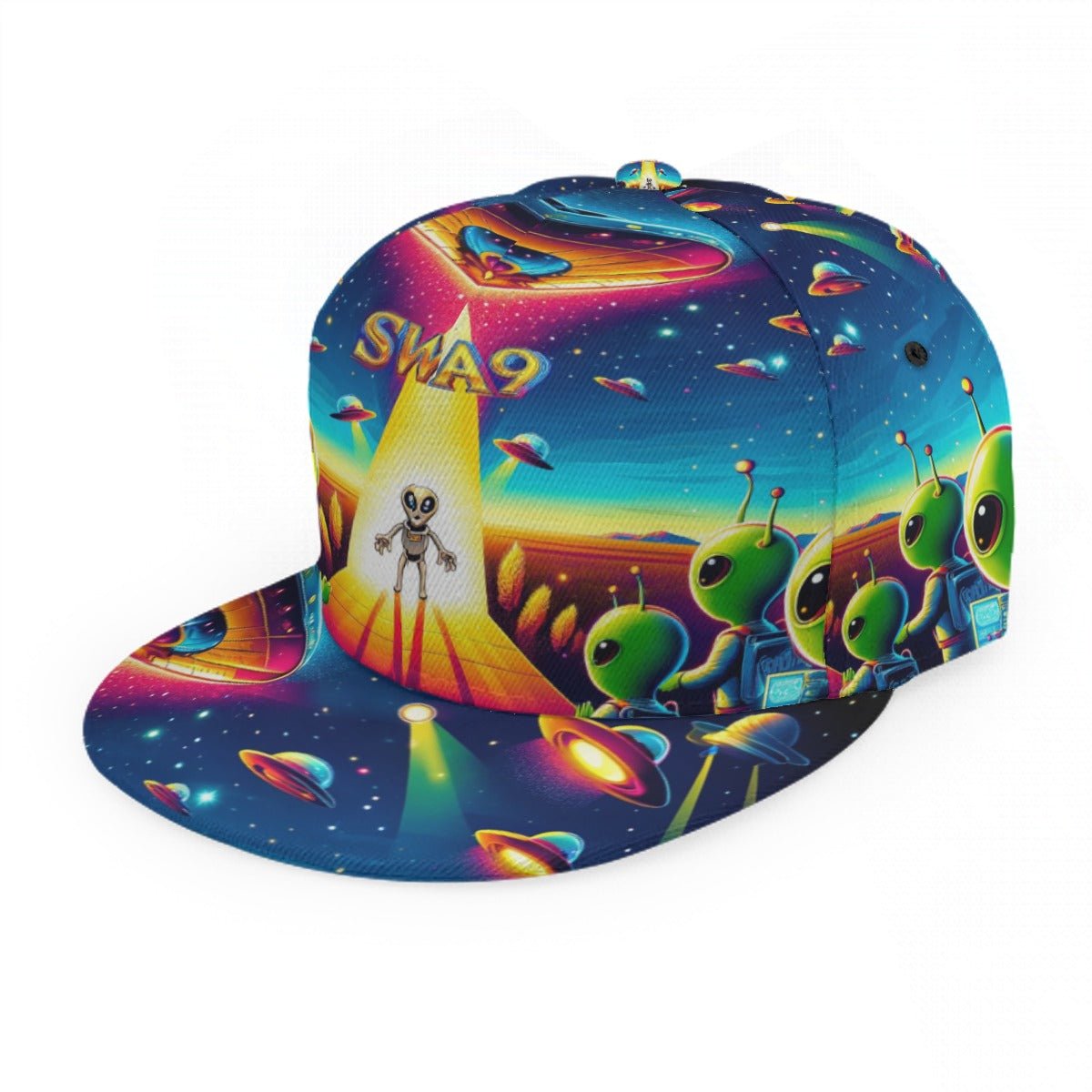 Limited-Edition "SWA9 Alien Encounter" Snapback Baseball Cap featuring vibrant interstellar designs, flying saucers, and a bold SWA9 logo, showcasing superior craftsmanship and exclusive style.