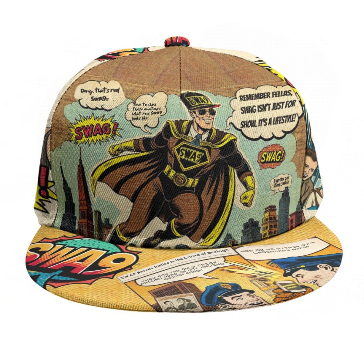 Image of the Limited-Edition SWA9 Comic Strip Snapback Baseball Cap: A vibrant snapback hat featuring comic book-inspired artwork and the SWA9 logo prominently displayed on the front.