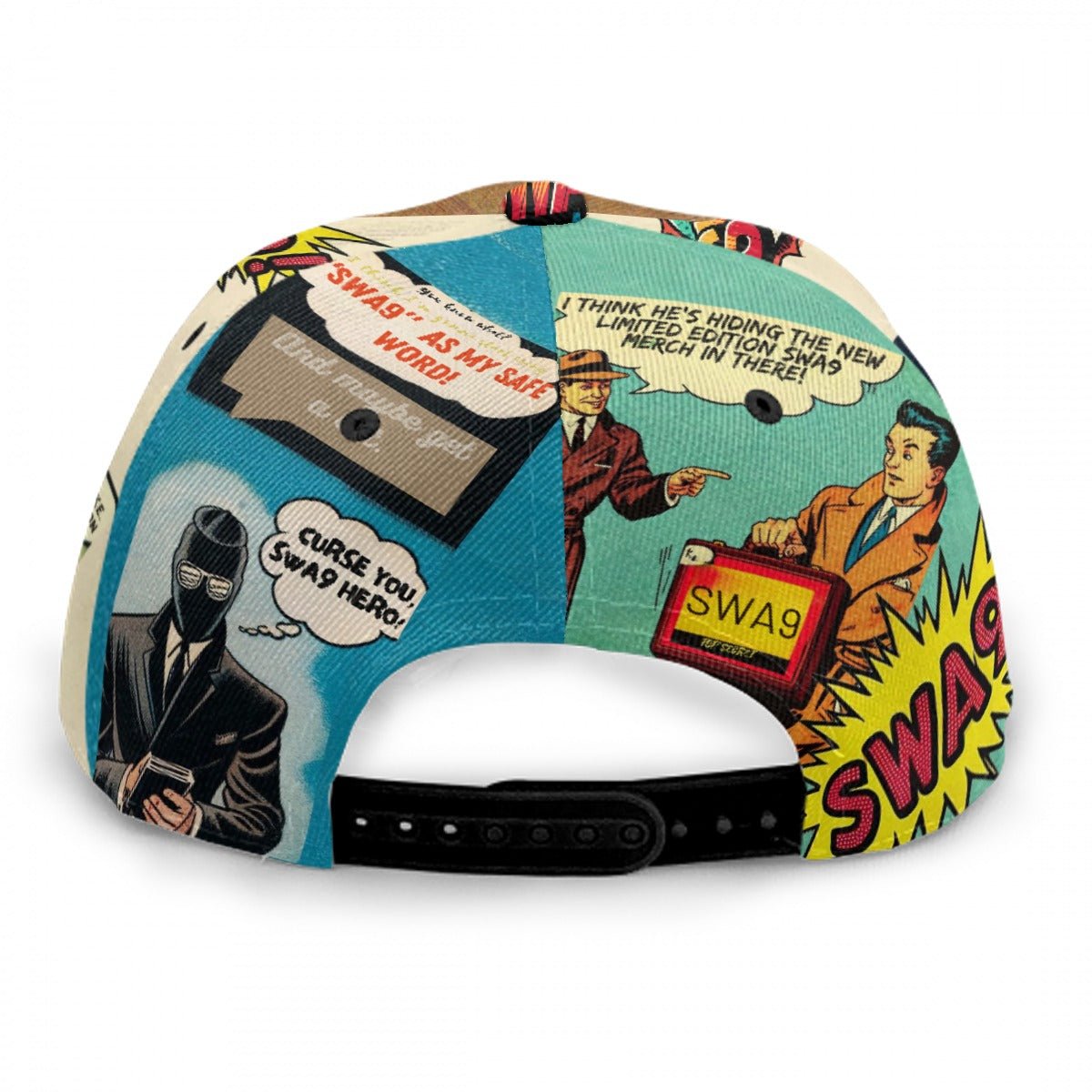 Image of the Limited-Edition SWA9 Comic Strip Snapback Baseball Cap: A vibrant snapback hat featuring comic book-inspired artwork and the SWA9 logo prominently displayed on the front.