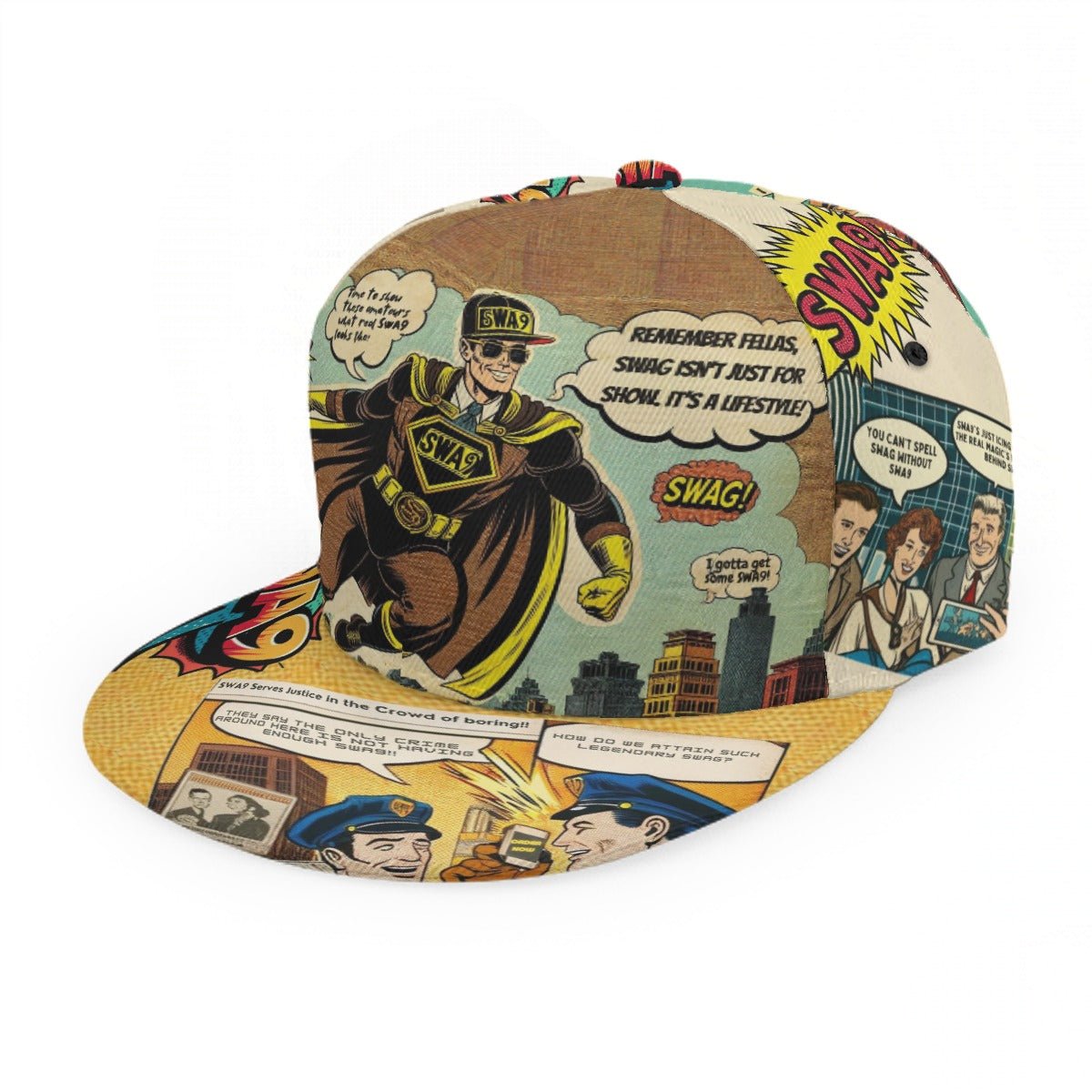 Image of the Limited-Edition SWA9 Comic Strip Snapback Baseball Cap: A vibrant snapback hat featuring comic book-inspired artwork and the SWA9 logo prominently displayed on the front.