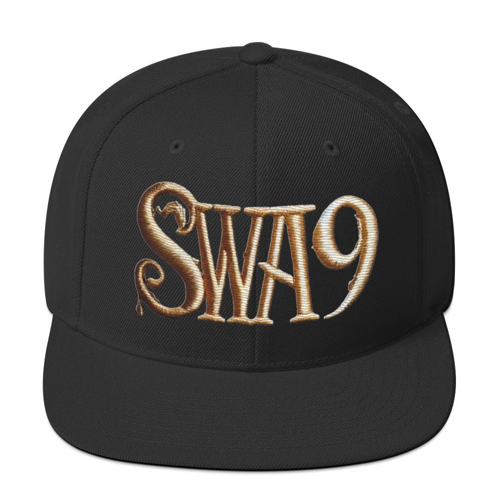 Limited Edition SWA9 Snapback featuring the SWA9 logo in a structured, high-profile design with a flat brim. Perfect for snapback hats for men, baseball caps for men, baseball caps for women, and custom baseball caps enthusiasts. Ideal for those who love flat brimmed hats and mens flat brim hats.