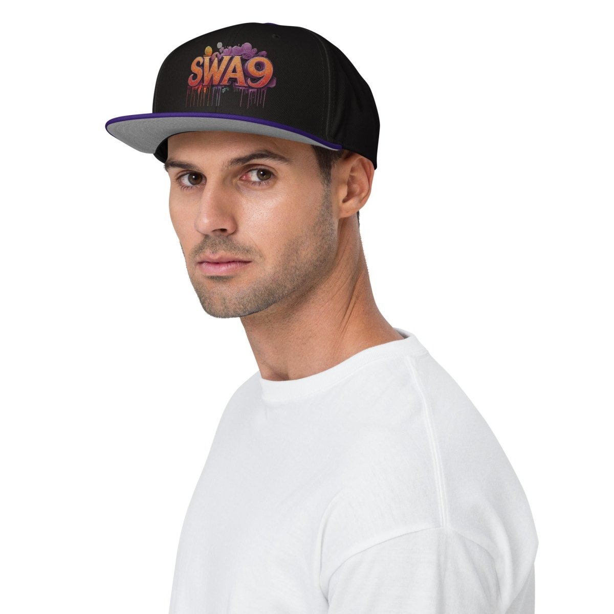  SWA9 Purple Graffiti Snapback Baseball Cap featuring a vibrant graffiti design and the SWA9 logo. This flat brim hat design is perfect for snapback hats for men, baseball caps for men, baseball caps for women, and custom baseball caps enthusiasts. Ideal for those who love flat brimmed hats and mens flat brim hats.