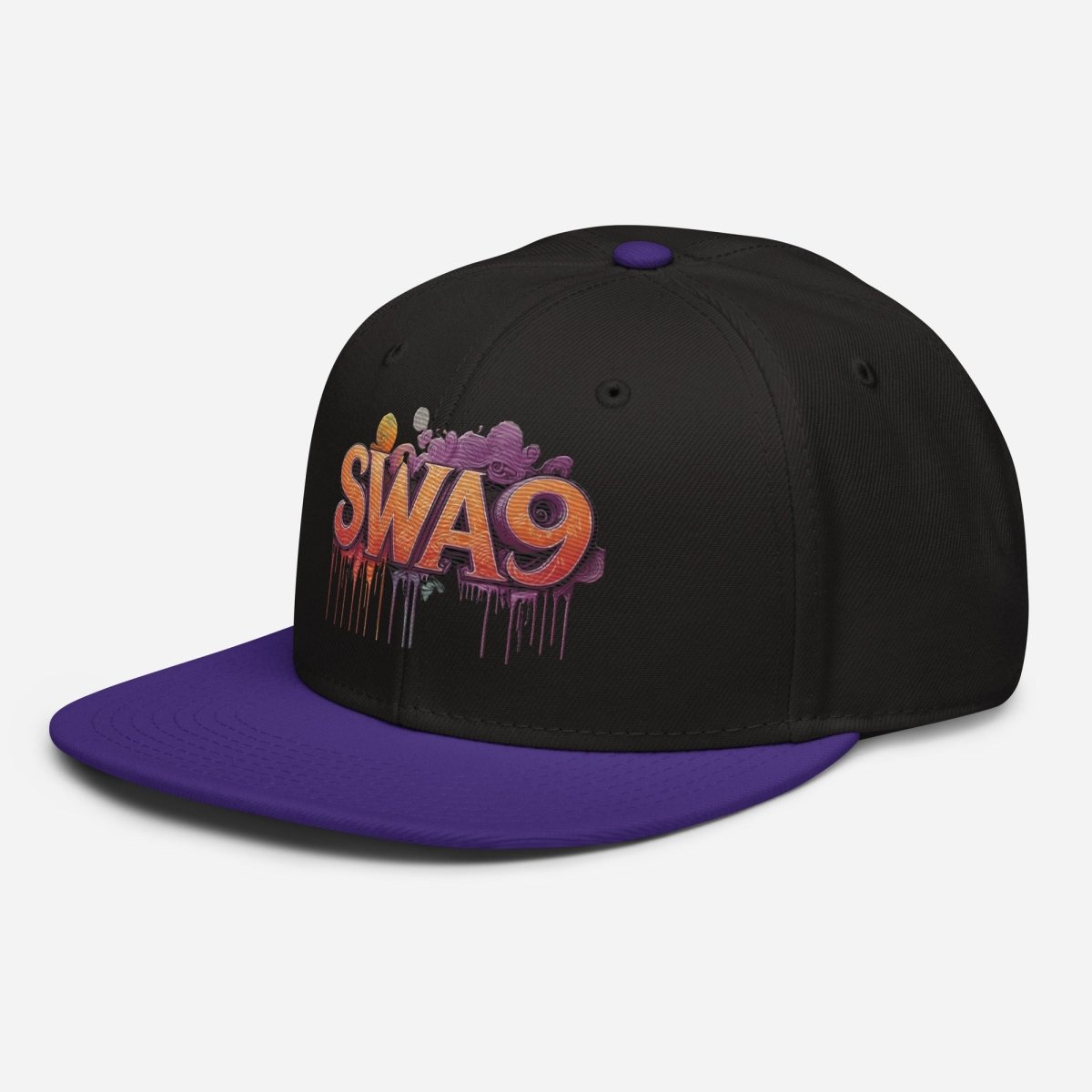  SWA9 Purple Graffiti Snapback Baseball Cap featuring a vibrant graffiti design and the SWA9 logo. This flat brim hat design is perfect for snapback hats for men, baseball caps for men, baseball caps for women, and custom baseball caps enthusiasts. Ideal for those who love flat brimmed hats and mens flat brim hats.