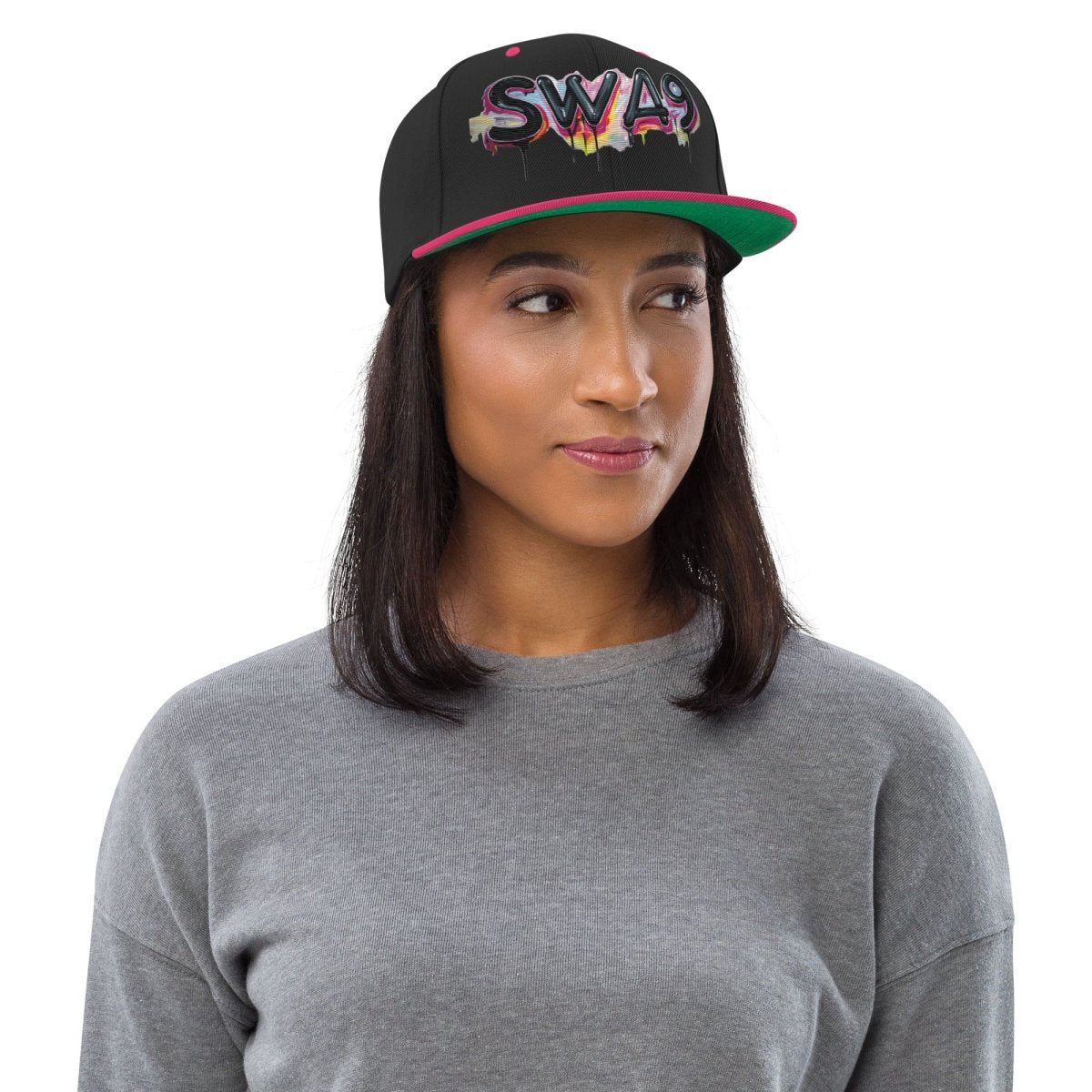 SWA9 Graffiti Pink Snapback Baseball Cap featuring a vibrant graffiti design and the SWA9 logo. This flat brim hat design is perfect for snapback hats for men, baseball caps for men, baseball caps for women, and custom baseball caps enthusiasts. Ideal for those who love flat brimmed hats and mens flat brim hats.