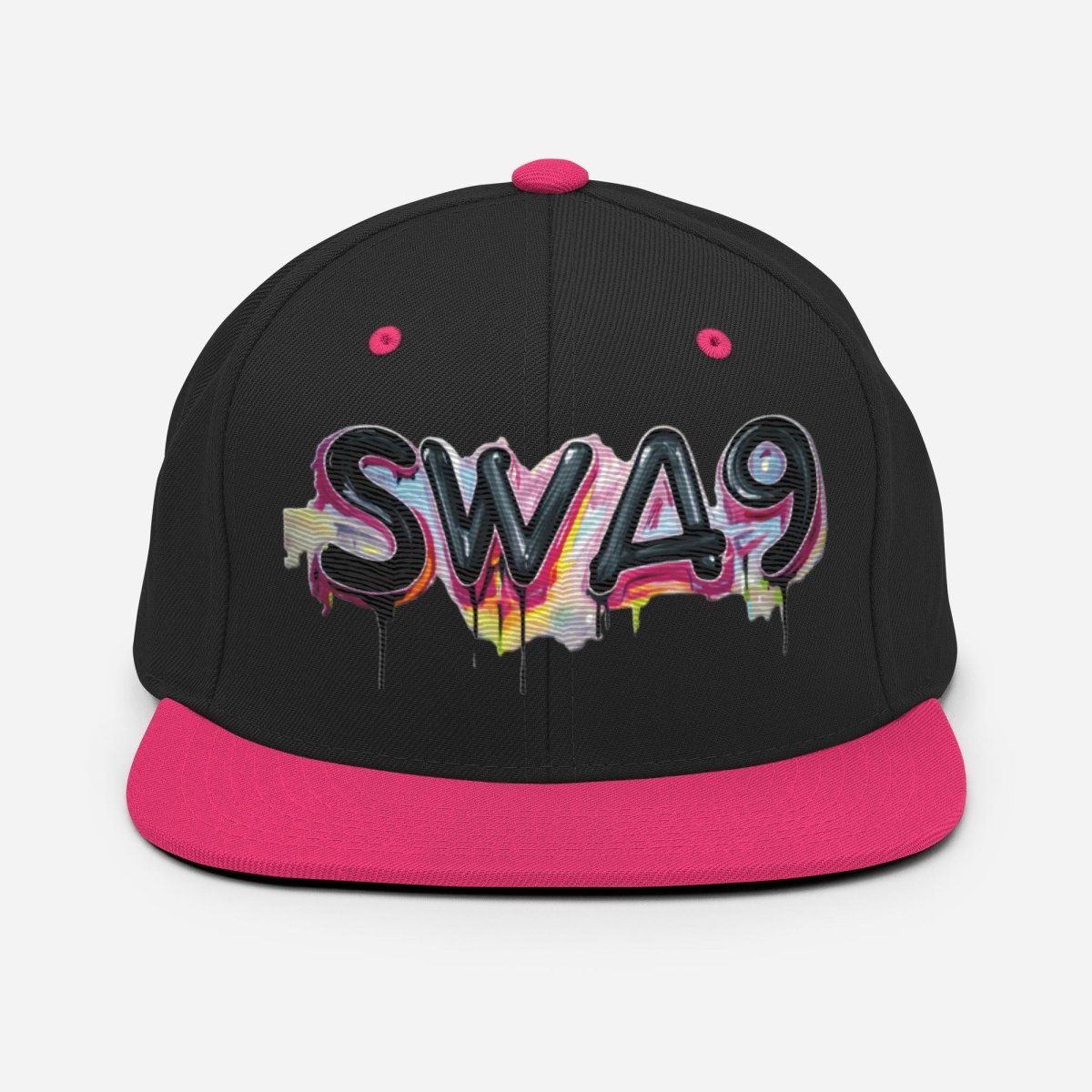 SWA9 Graffiti Pink Snapback Baseball Cap featuring a vibrant graffiti design and the SWA9 logo. This flat brim hat design is perfect for snapback hats for men, baseball caps for men, baseball caps for women, and custom baseball caps enthusiasts. Ideal for those who love flat brimmed hats and mens flat brim hats.