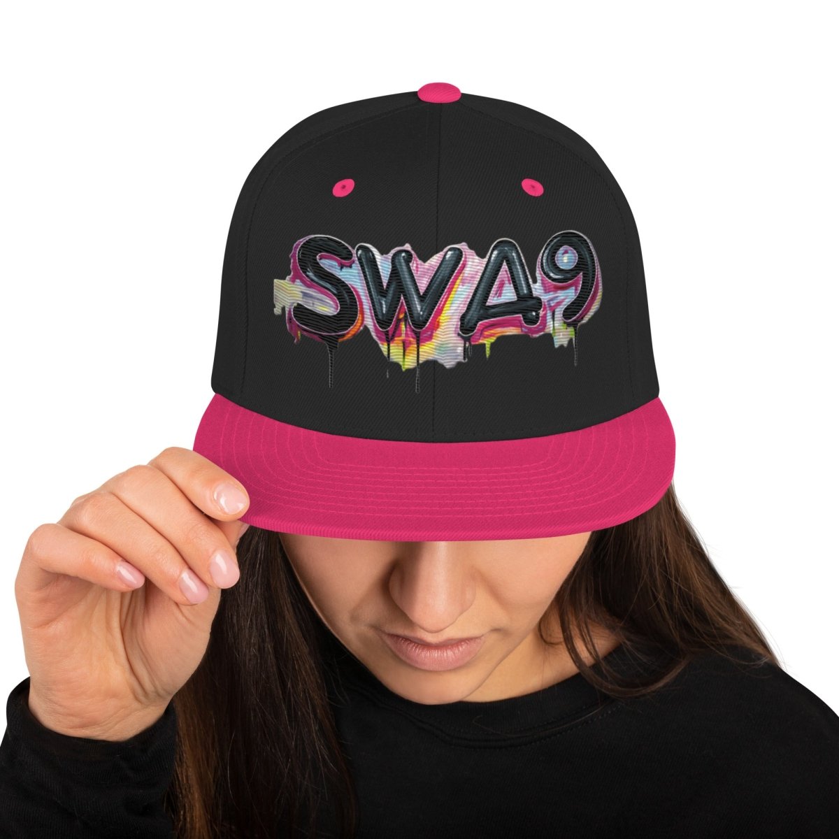 SWA9 Graffiti Pink Snapback Baseball Cap featuring a vibrant graffiti design and the SWA9 logo. This flat brim hat design is perfect for snapback hats for men, baseball caps for men, baseball caps for women, and custom baseball caps enthusiasts. Ideal for those who love flat brimmed hats and mens flat brim hats.