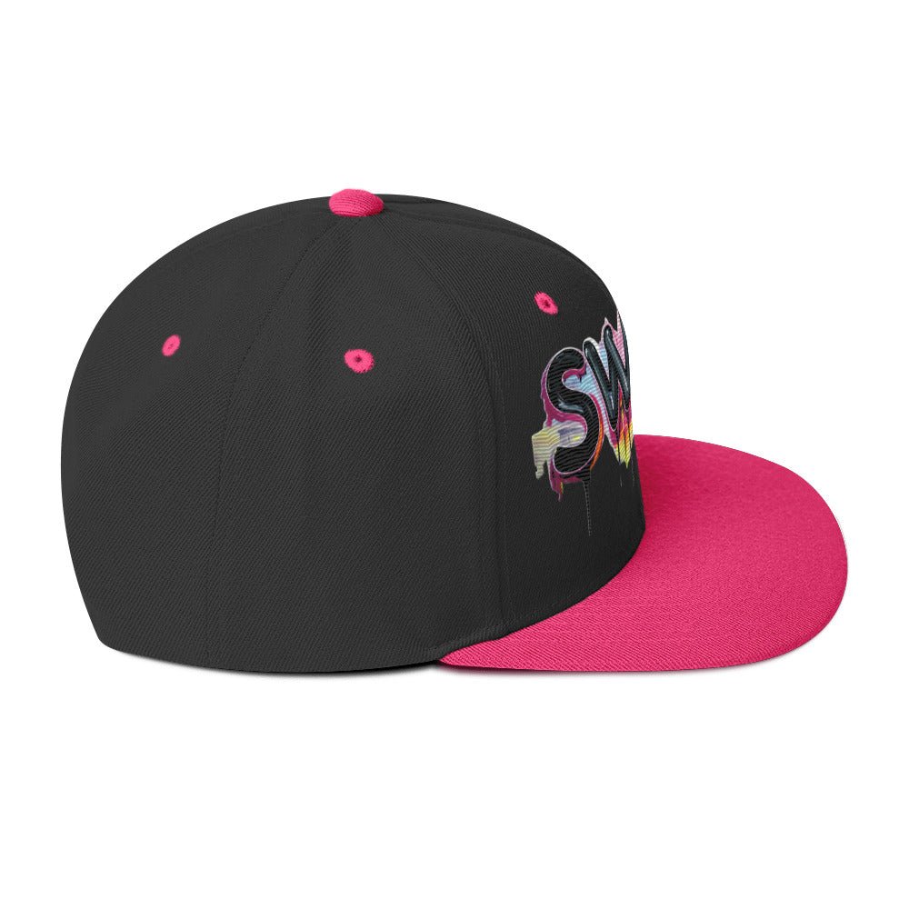 SWA9 Graffiti Pink Snapback Baseball Cap featuring a vibrant graffiti design and the SWA9 logo. This flat brim hat design is perfect for snapback hats for men, baseball caps for men, baseball caps for women, and custom baseball caps enthusiasts. Ideal for those who love flat brimmed hats and mens flat brim hats.