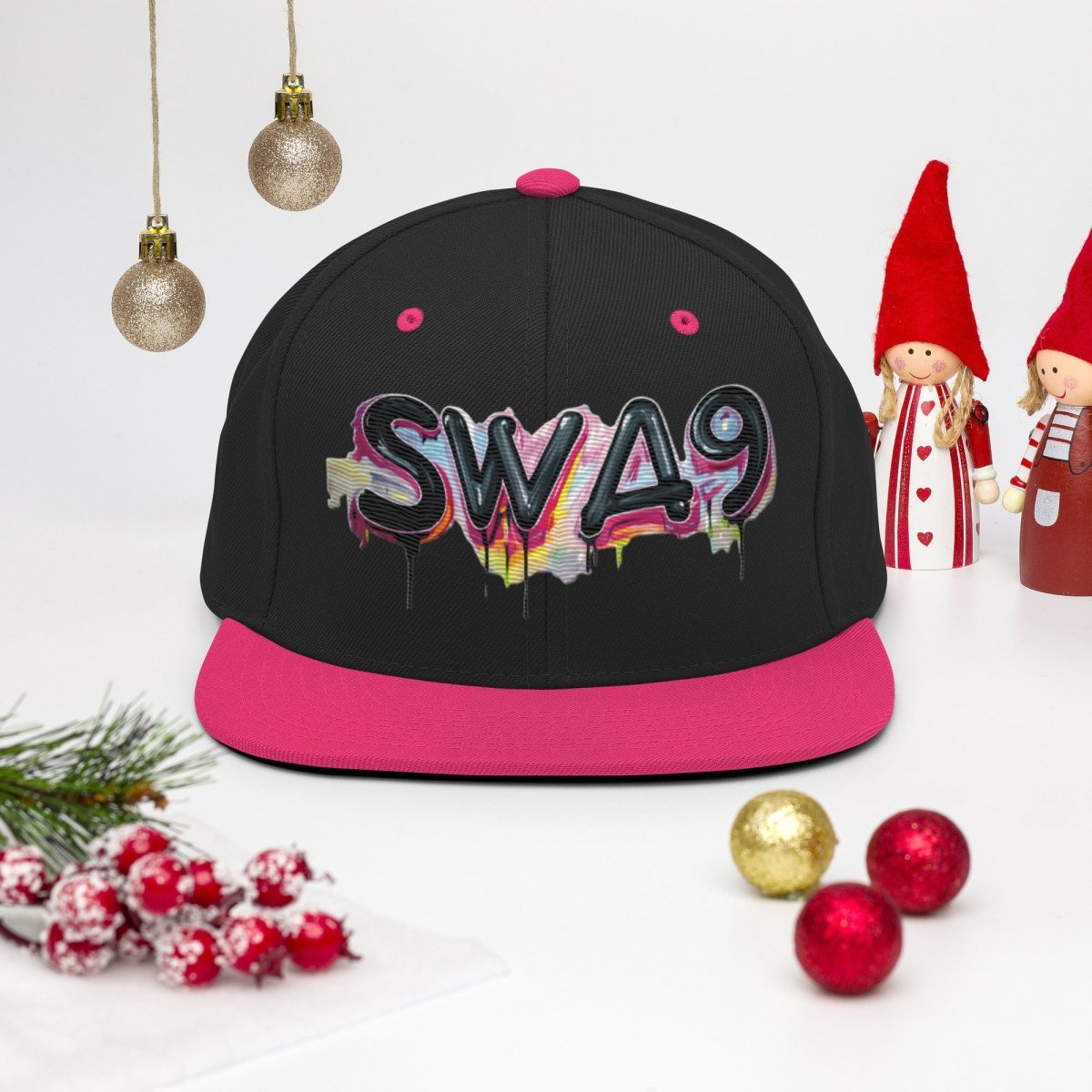 SWA9 Graffiti Pink Snapback Baseball Cap featuring a vibrant graffiti design and the SWA9 logo. This flat brim hat design is perfect for snapback hats for men, baseball caps for men, baseball caps for women, and custom baseball caps enthusiasts. Ideal for those who love flat brimmed hats and mens flat brim hats.