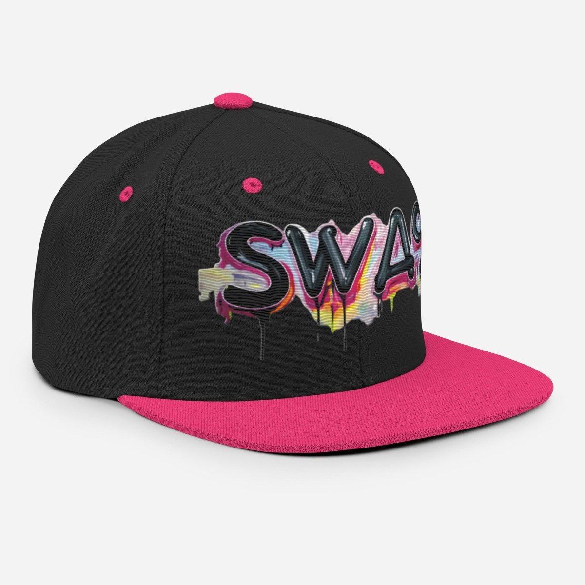 SWA9 Graffiti Pink Snapback Baseball Cap featuring a vibrant graffiti design and the SWA9 logo. This flat brim hat design is perfect for snapback hats for men, baseball caps for men, baseball caps for women, and custom baseball caps enthusiasts. Ideal for those who love flat brimmed hats and mens flat brim hats.