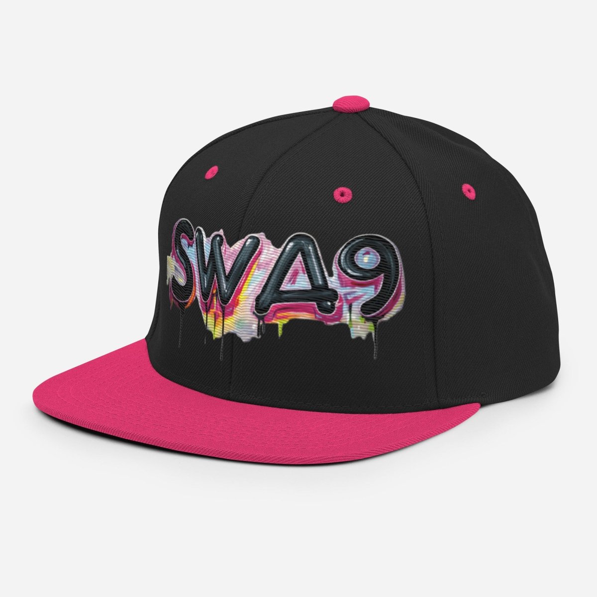 SWA9 Graffiti Pink Snapback Baseball Cap featuring a vibrant graffiti design and the SWA9 logo. This flat brim hat design is perfect for snapback hats for men, baseball caps for men, baseball caps for women, and custom baseball caps enthusiasts. Ideal for those who love flat brimmed hats and mens flat brim hats.