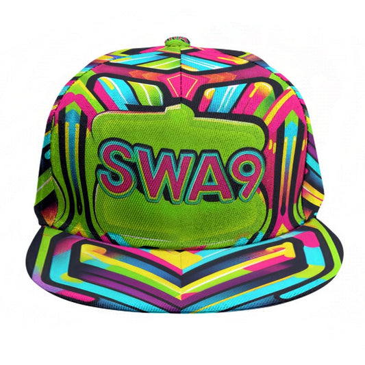 Image of the Limited-Edition Neon Vibes SWA9 Snapback Baseball Cap: A vibrant snapback hat featuring an eye-catching neon color palette and the SWA9 logo prominently displayed on the front.