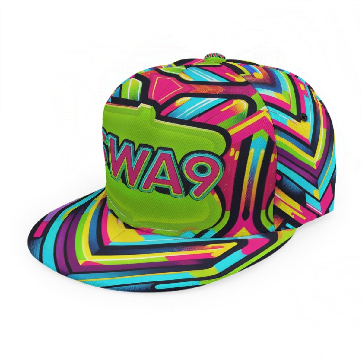 Image of the Limited-Edition Neon Vibes SWA9 Snapback Baseball Cap: A vibrant snapback hat featuring an eye-catching neon color palette and the SWA9 logo prominently displayed on the front.