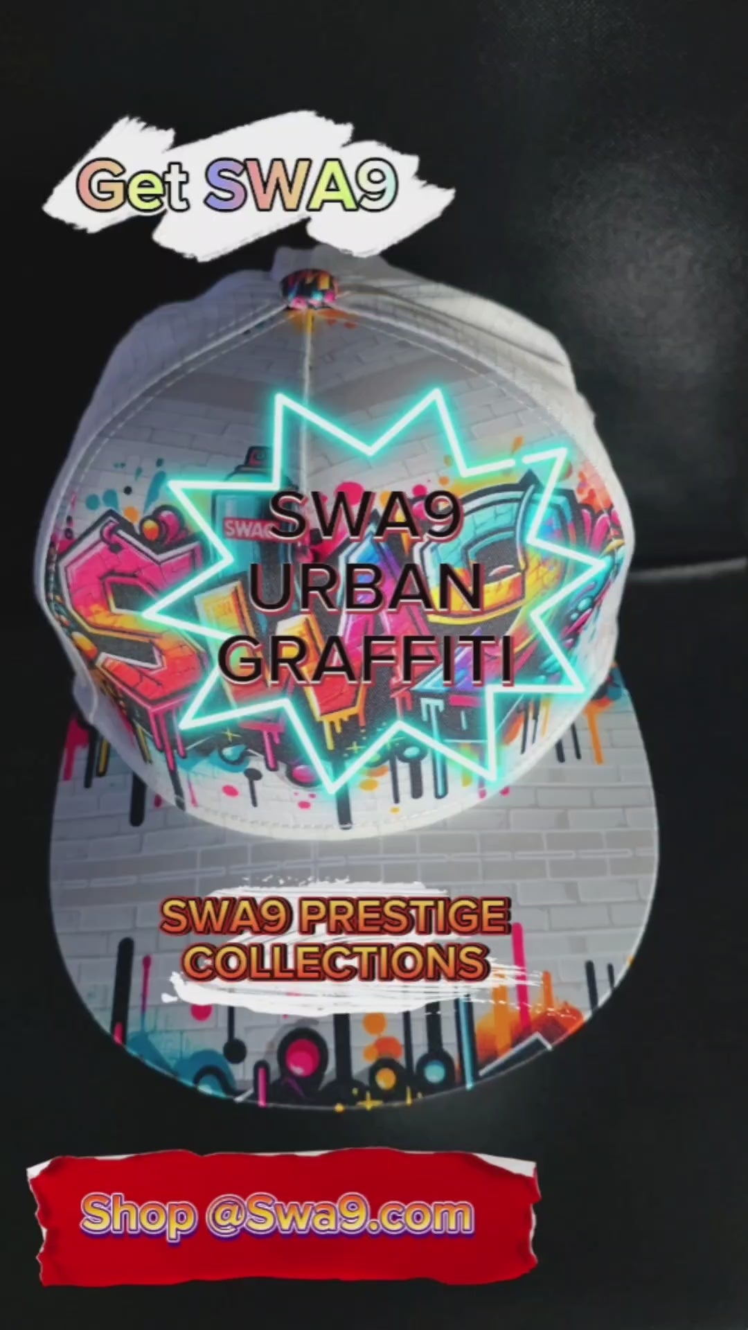 Limited-Edition SWA9 Urban Graffiti Snapback Baseball Cap featuring vibrant graffiti designs, a bold SWA9 logo, and a flat brim, showcasing superior craftsmanship and exclusive style.