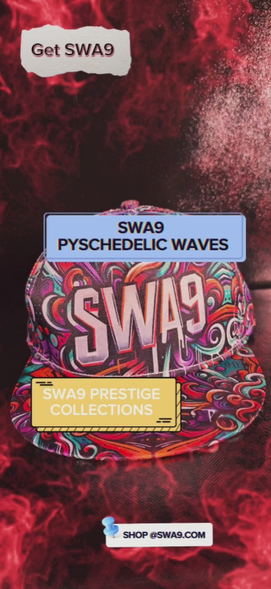 Vibrant Limited-Edition SWA9 Psychedelic Waves Snapback Baseball Cap featuring colorful swirl patterns and a bold SWA9 logo, highlighting superior craftsmanship and exclusive design.