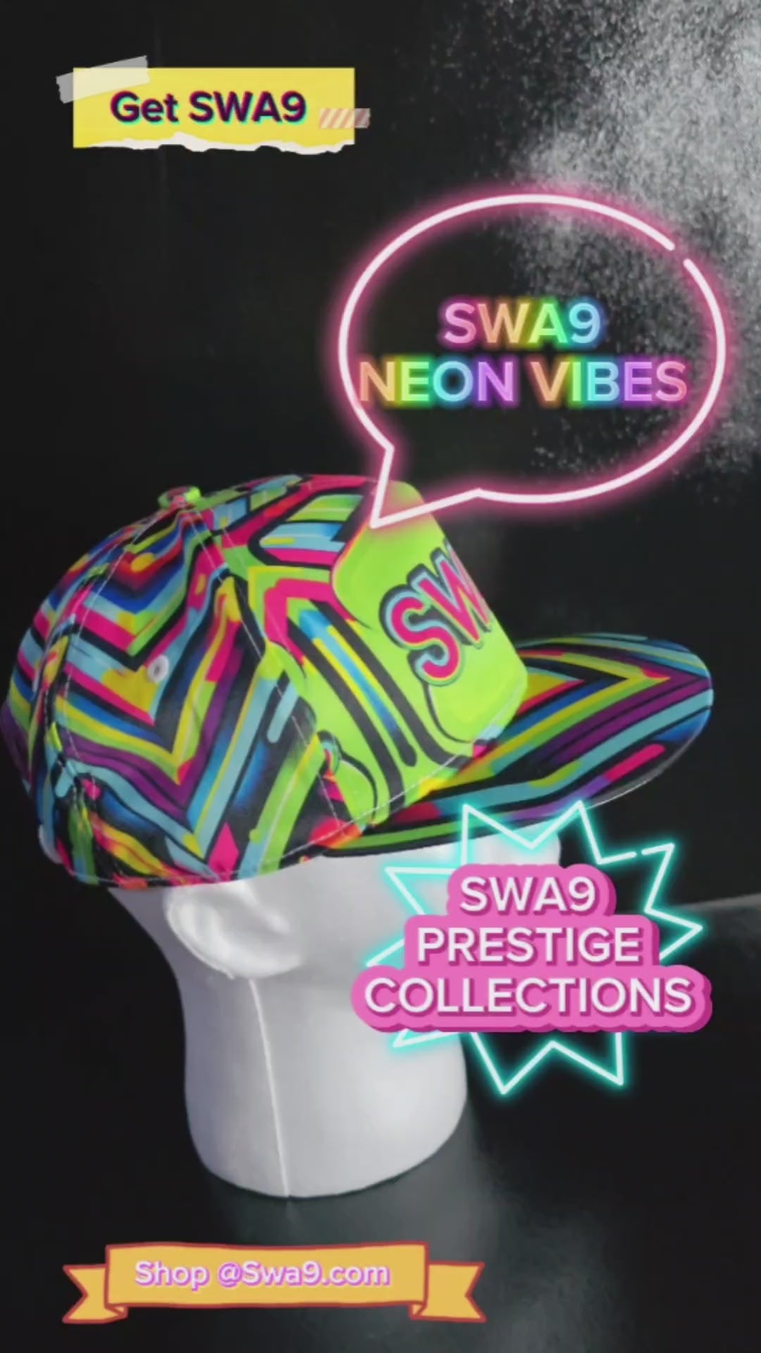 Video of the Limited-Edition Neon Vibes SWA9 Snapback Baseball Cap: A vibrant snapback hat featuring an eye-catching neon color palette and the SWA9 logo prominently displayed on the front.