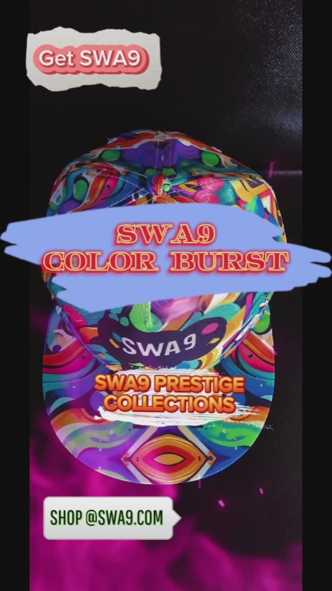 Limited-Edition SWA9 Color Burst Snapback Baseball Cap featuring vibrant abstract patterns and a bold SWA9 logo, showcasing superior craftsmanship and exclusive design.