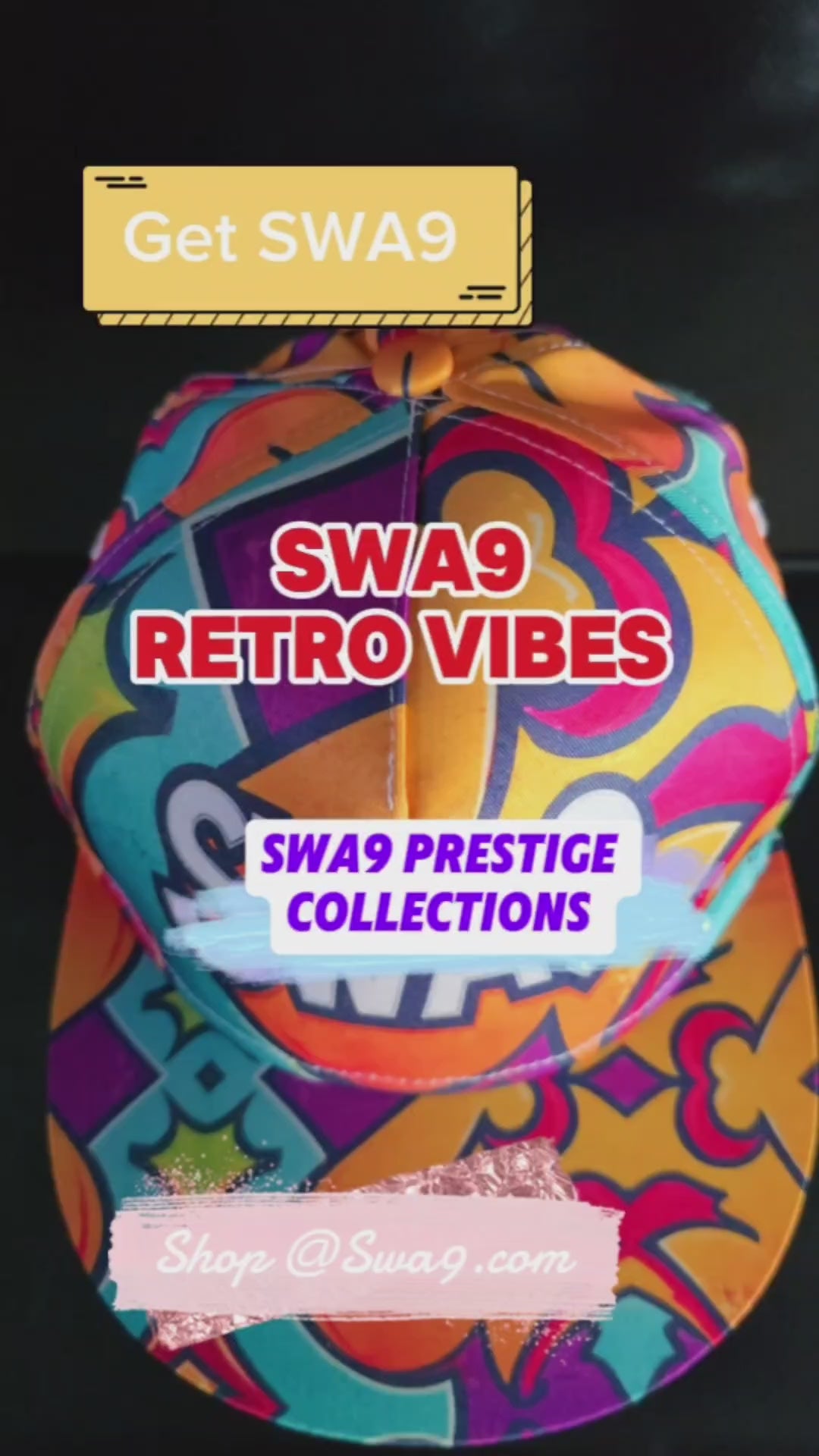 Limited-Edition SWA9 Retro Vibe Snapback Baseball Cap featuring vibrant retro patterns, a bold SWA9 logo, and superior craftsmanship.