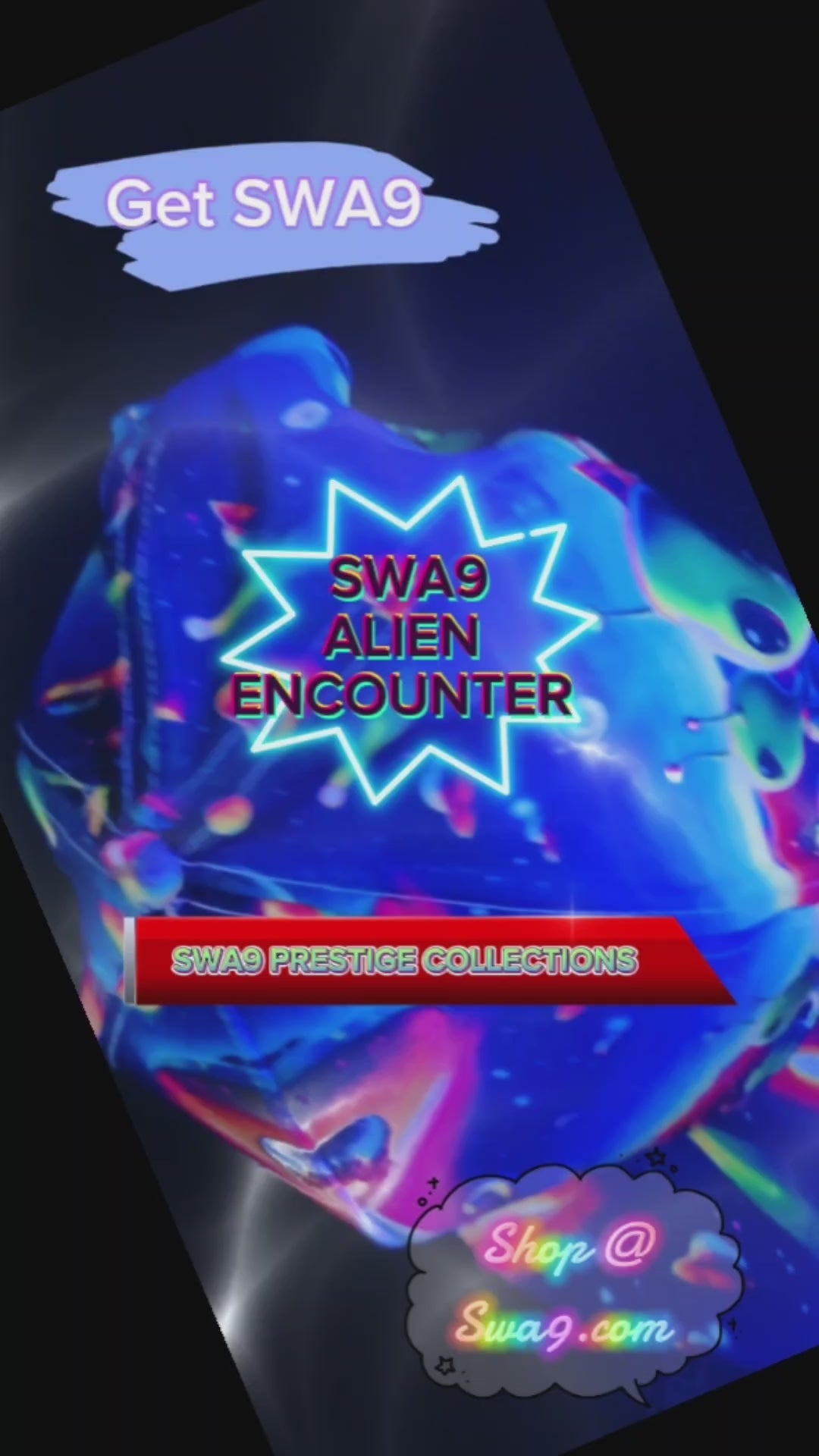 Limited-Edition "SWA9 Alien Encounter" Snapback Baseball Cap featuring vibrant interstellar designs, flying saucers, and a bold SWA9 logo, showcasing superior craftsmanship and exclusive style.