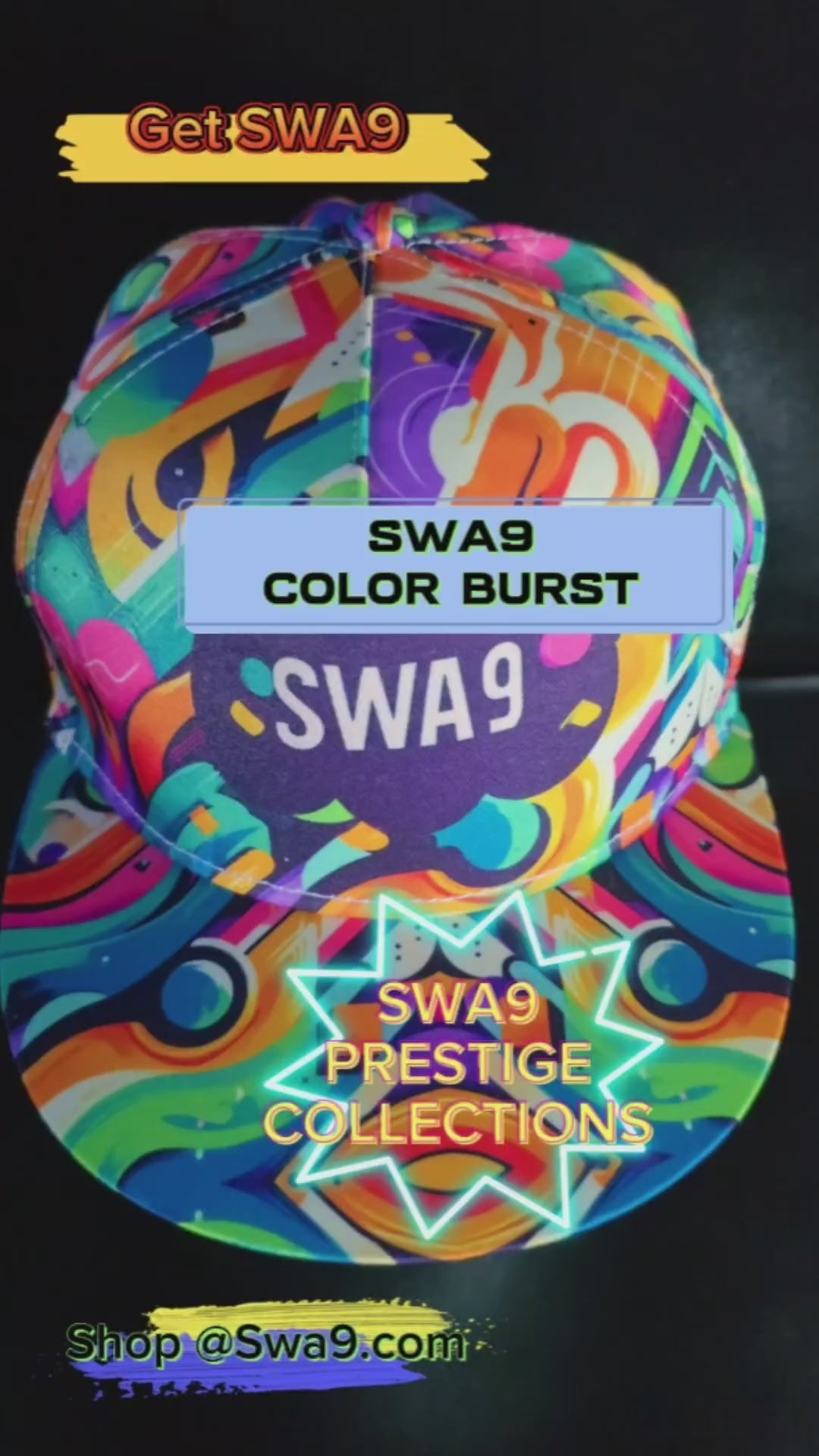 Limited-Edition SWA9 Color Burst Snapback Baseball Cap featuring vibrant abstract patterns and a bold SWA9 logo, showcasing superior craftsmanship and exclusive design.