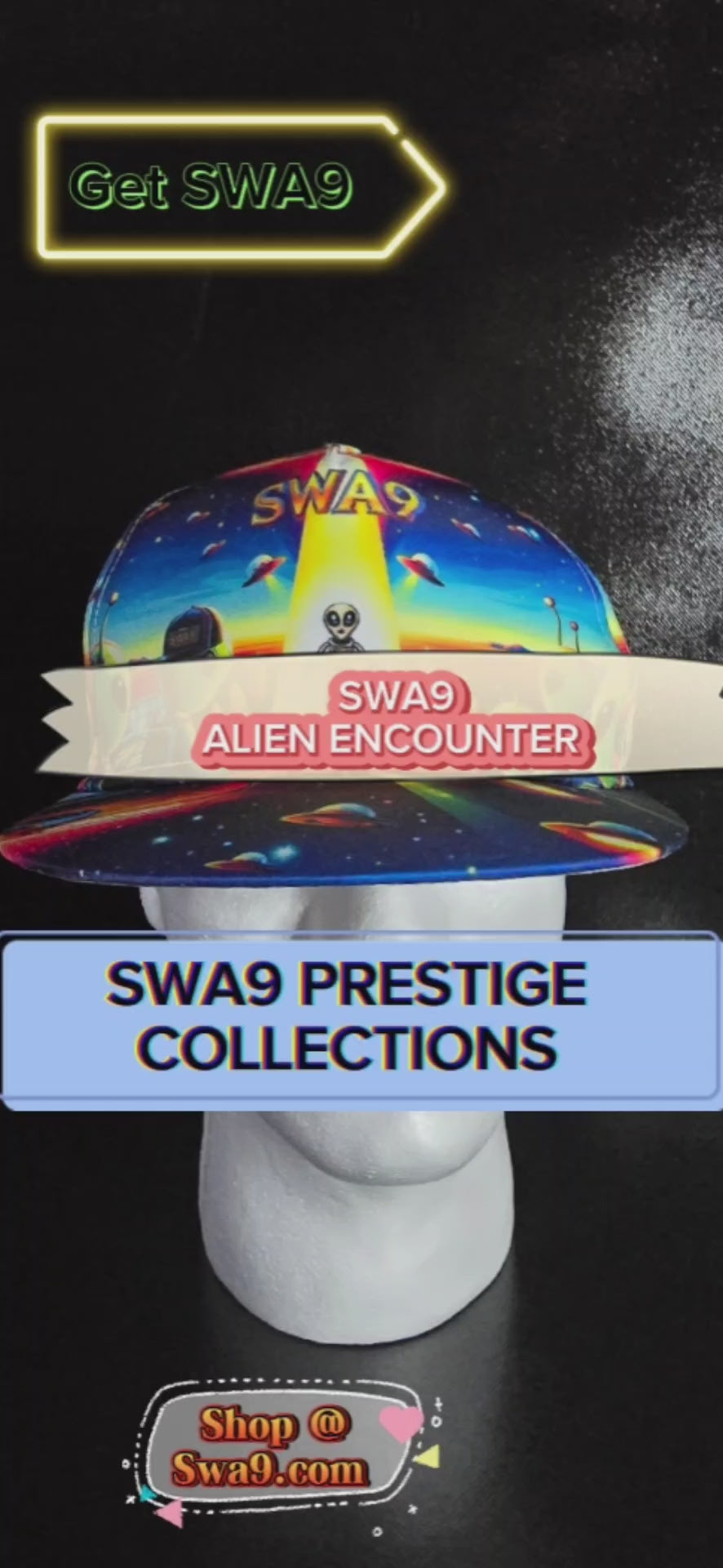 Limited-Edition "SWA9 Alien Encounter" Snapback Baseball Cap featuring vibrant interstellar designs, flying saucers, and a bold SWA9 logo, showcasing superior craftsmanship and exclusive style.