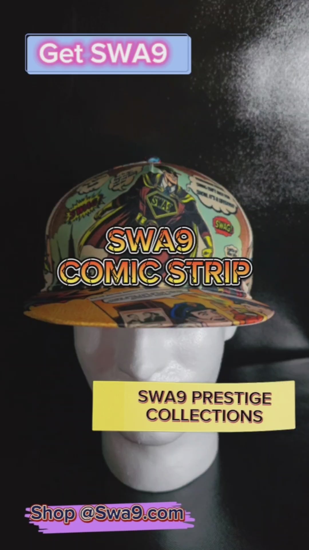 Video of the Limited-Edition SWA9 Comic Strip Snapback Baseball Cap: A vibrant snapback hat featuring comic book-inspired artwork and the SWA9 logo prominently displayed on the front.