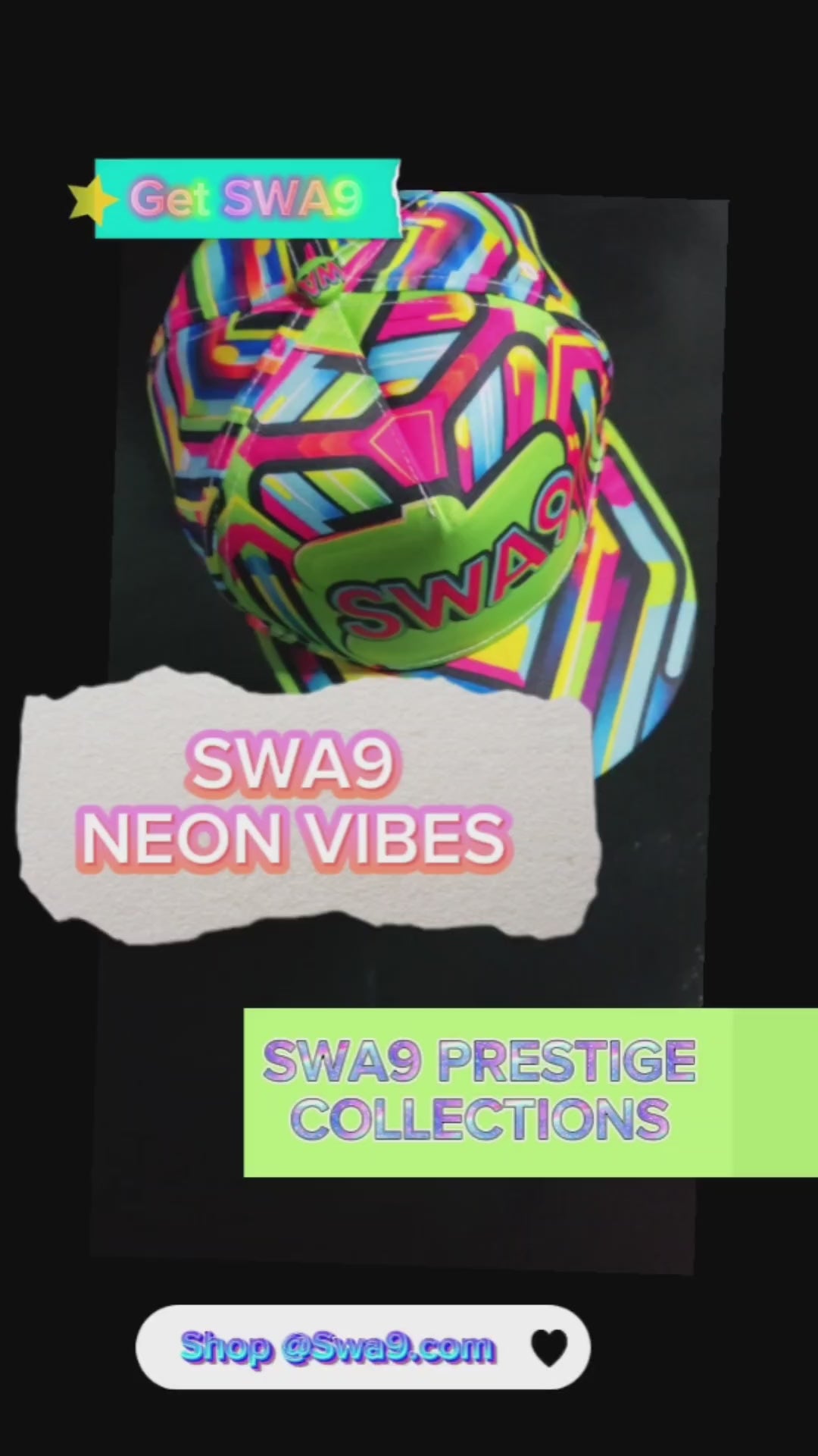 Video of the Limited-Edition Neon Vibes SWA9 Snapback Baseball Cap: A vibrant snapback hat featuring an eye-catching neon color palette and the SWA9 logo prominently displayed on the front.