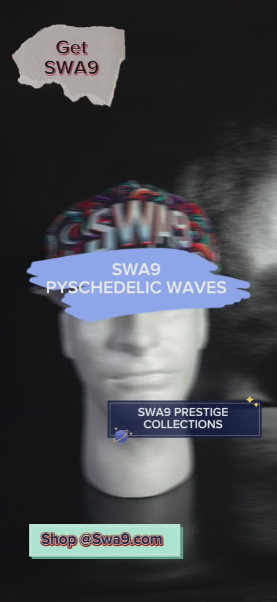 Vibrant Limited-Edition SWA9 Psychedelic Waves Snapback Baseball Cap featuring colorful swirl patterns and a bold SWA9 logo, highlighting superior craftsmanship and exclusive design.