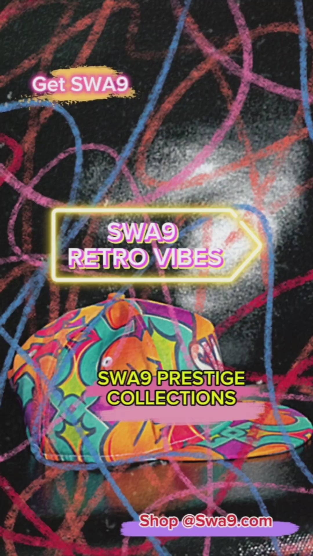 Limited-Edition SWA9 Retro Vibe Snapback Baseball Cap featuring vibrant retro patterns, a bold SWA9 logo, and superior craftsmanship.