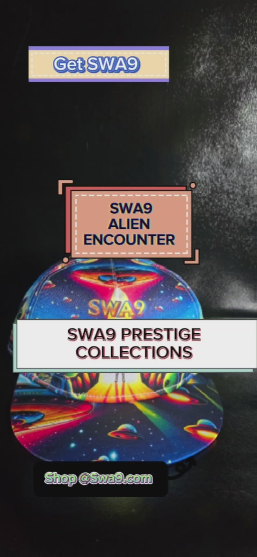 Limited-Edition "SWA9 Alien Encounter" Snapback Baseball Cap featuring vibrant interstellar designs, flying saucers, and a bold SWA9 logo, showcasing superior craftsmanship and exclusive style.