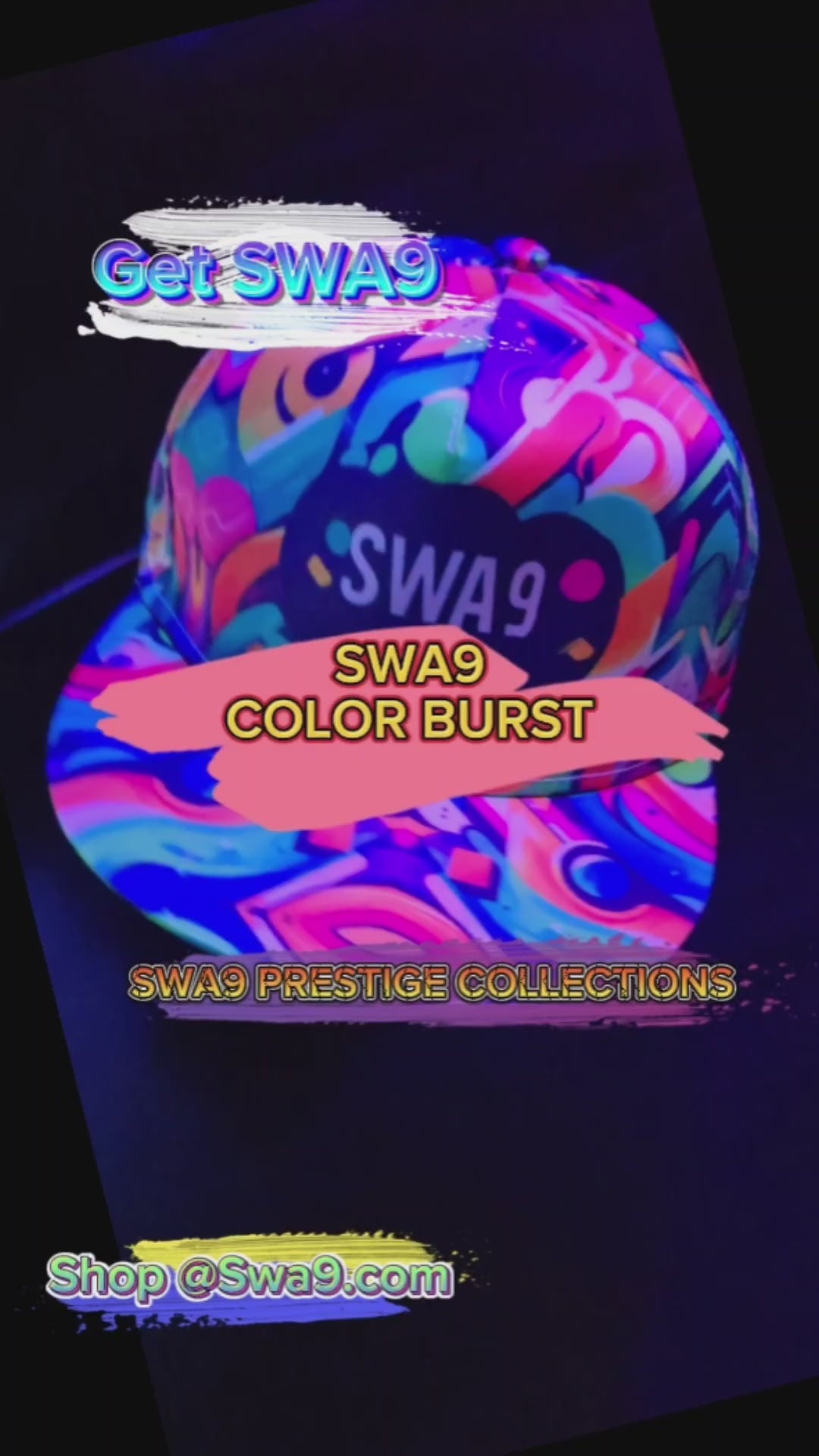 Limited-Edition SWA9 Color Burst Snapback Baseball Cap featuring vibrant abstract patterns and a bold SWA9 logo, showcasing superior craftsmanship and exclusive design.