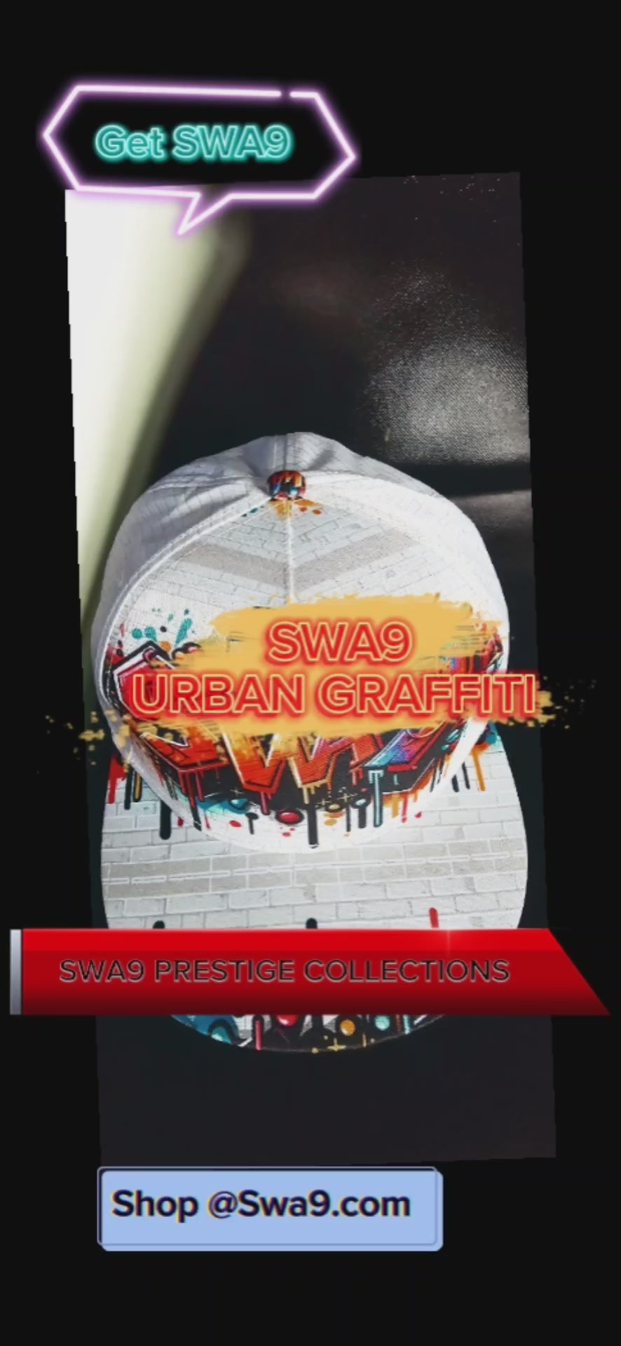 Limited-Edition SWA9 Urban Graffiti Snapback Baseball Cap featuring vibrant graffiti designs, a bold SWA9 logo, and a flat brim, showcasing superior craftsmanship and exclusive style.