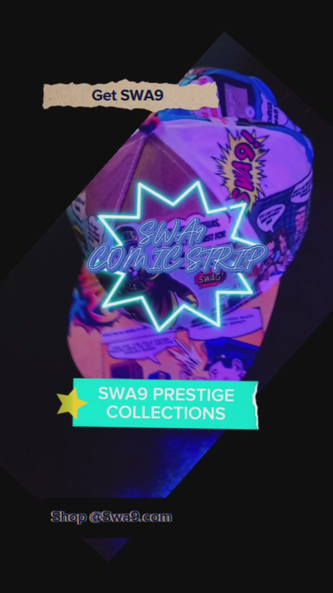 Video of the Limited-Edition SWA9 Comic Strip Snapback Baseball Cap: A vibrant snapback hat featuring comic book-inspired artwork and the SWA9 logo prominently displayed on the front.