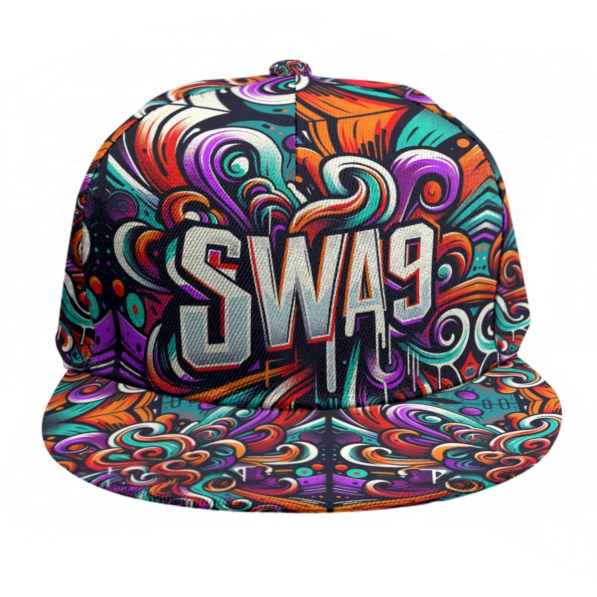 Vibrant Limited-Edition SWA9 Psychedelic Waves Snapback Baseball Cap featuring colorful swirl patterns and a bold SWA9 logo, highlighting superior craftsmanship and exclusive design.