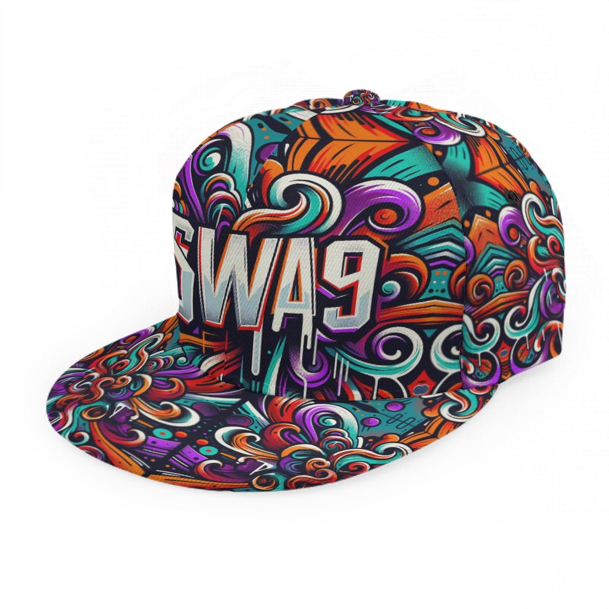 Vibrant Limited-Edition SWA9 Psychedelic Waves Snapback Baseball Cap featuring colorful swirl patterns and a bold SWA9 logo, highlighting superior craftsmanship and exclusive design.