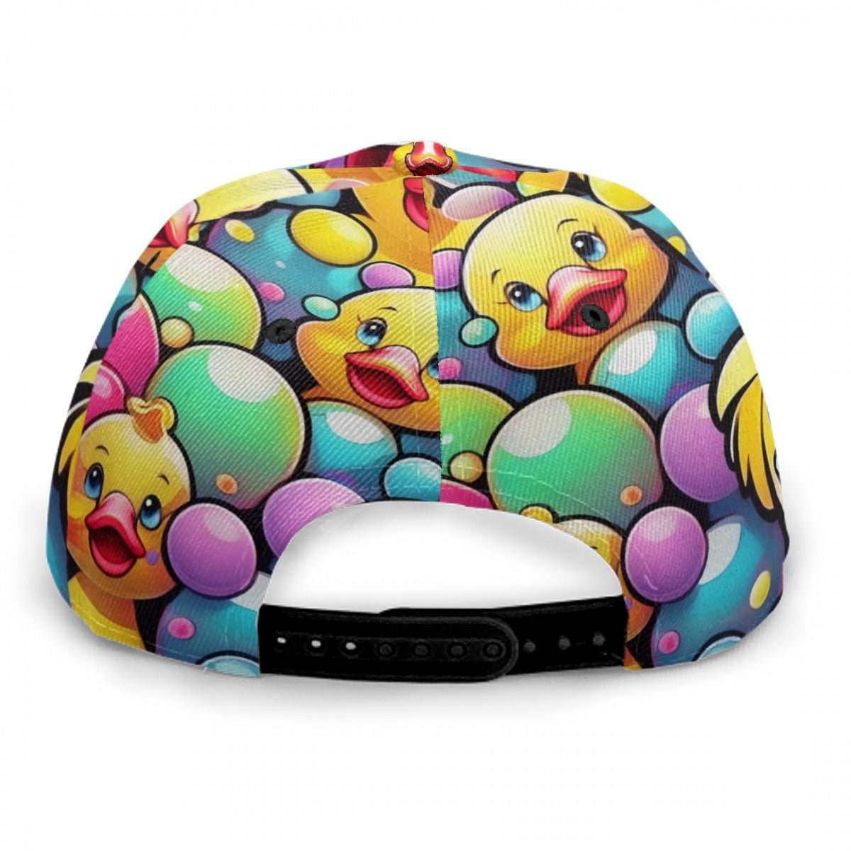 Limited Edition SWA9 Quirky Duck snapback featuring a cartoon duck and colorful bubbles. This flat brim hat design is perfect for snapback hats for men, baseball caps for men, baseball caps for women, and custom baseball caps enthusiasts. Ideal for those who love flat brimmed hats and mens flat brim hats, this snapback stands out with playful style.