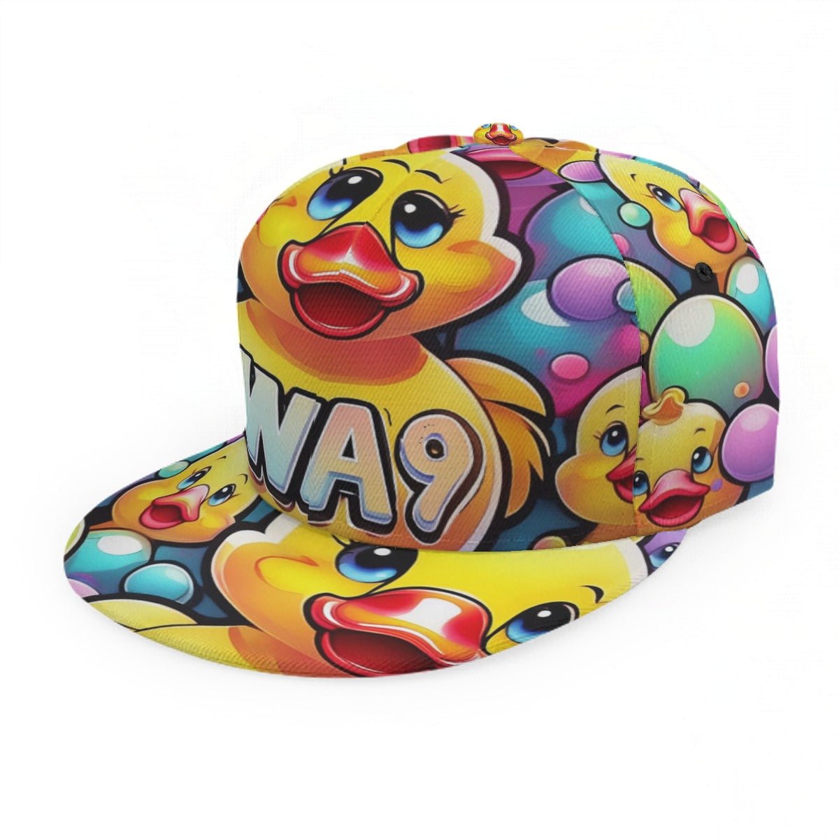 Limited-Edition SWA9 Quirky Duck Snapback Baseball Cap featuring a vibrant, cartoonish duck with colorful bubbles, showcasing superior craftsmanship and exclusive design.