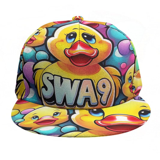 Limited-Edition SWA9 Quirky Duck Snapback Baseball Cap featuring a vibrant, cartoonish duck with colorful bubbles, showcasing superior craftsmanship and exclusive design.