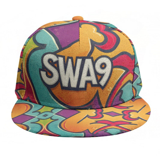 Limited-Edition SWA9 Retro Vibe Snapback Baseball Cap featuring vibrant retro patterns, a bold SWA9 logo, and superior craftsmanship.