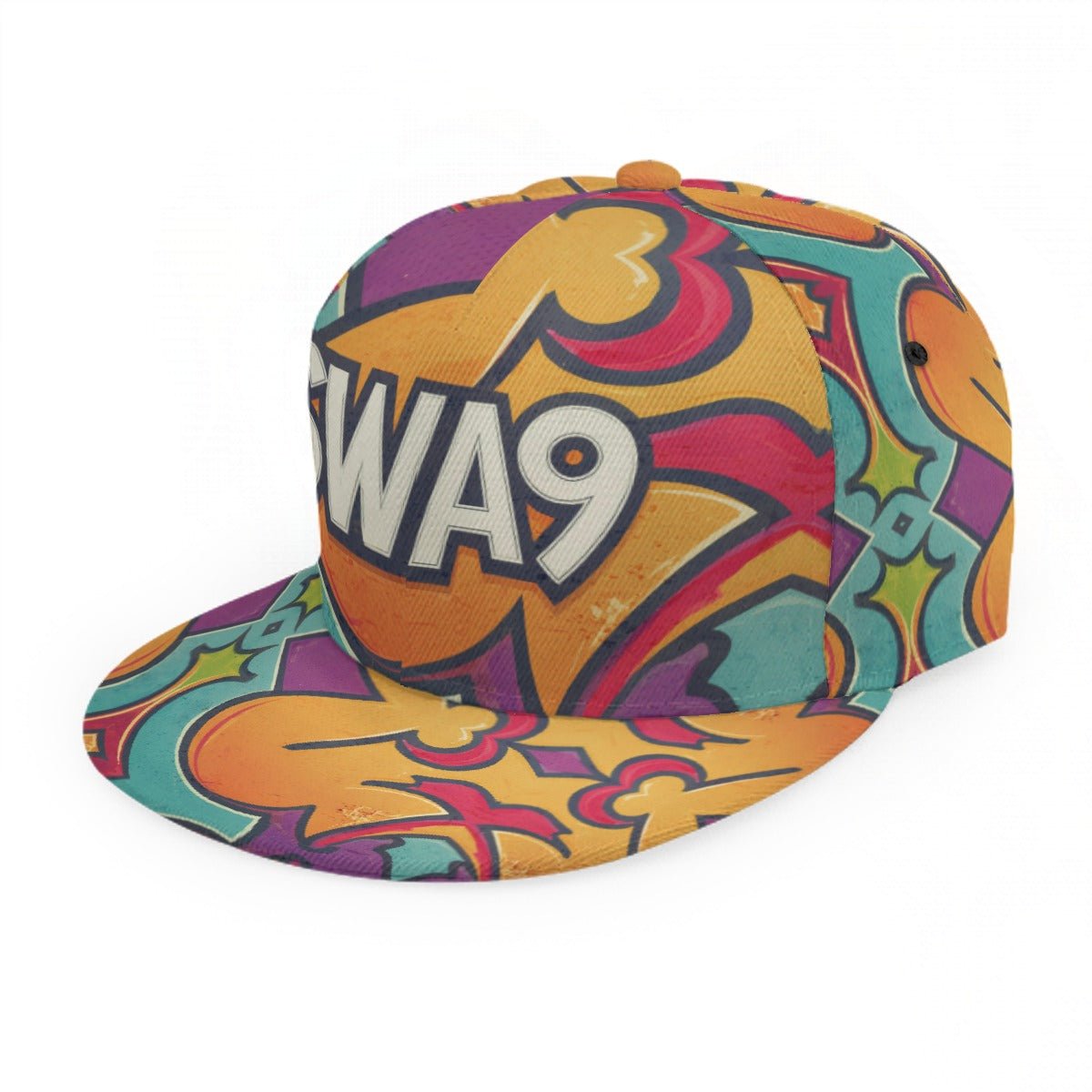 Limited-Edition SWA9 Retro Vibe Snapback Baseball Cap featuring vibrant retro patterns, a bold SWA9 logo, and superior craftsmanship.